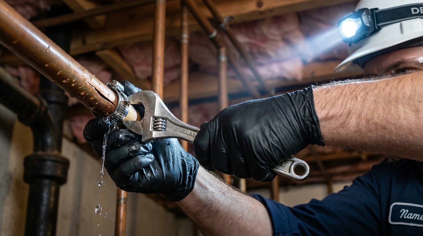 Emergency pipe clamp repair being performed by a Johns Plumbing LLC plumber in Denmark
